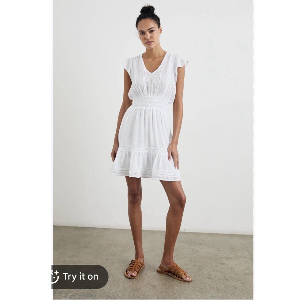 Rails Tara White Lace Smocked Flutter Sleeve V-Neck A-Line Short Dress S